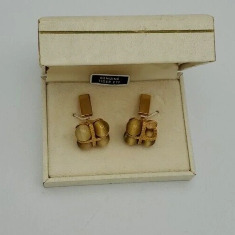 Vtg 1960's‎ Tiger Eye Cufflinks Don Loper of California Mens Goldtone Flaw Read